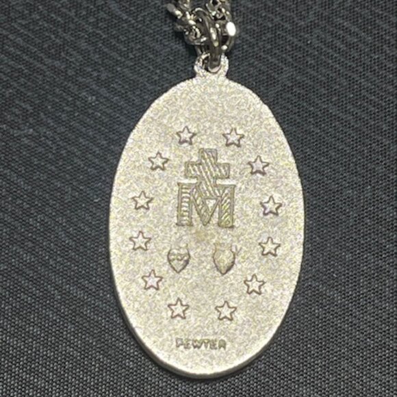 Miraculous Prayer Medal Pendant 24" Chain Rhodium Finish NEW IN BOX - Picture 2 of 7